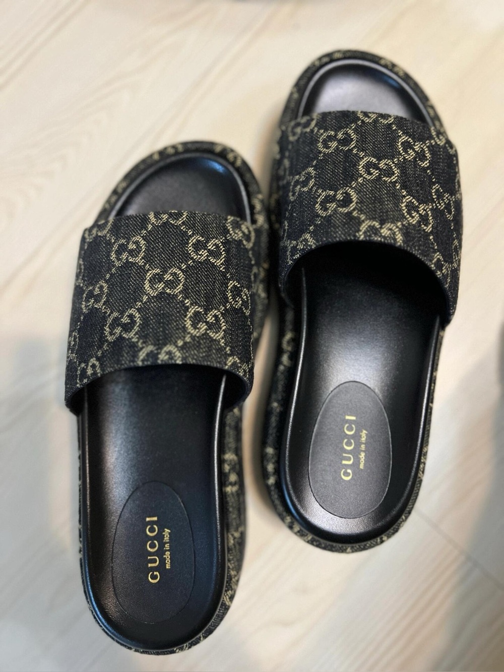 Gucci jacquard black denim platform sandals slide